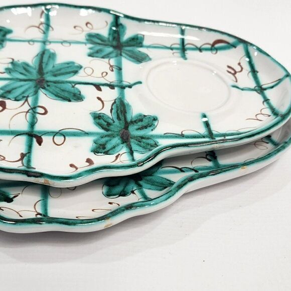 HAND PAINTED Green Floral Majolica Pottery Snack Set Made in Italy - Picture 11 of 13